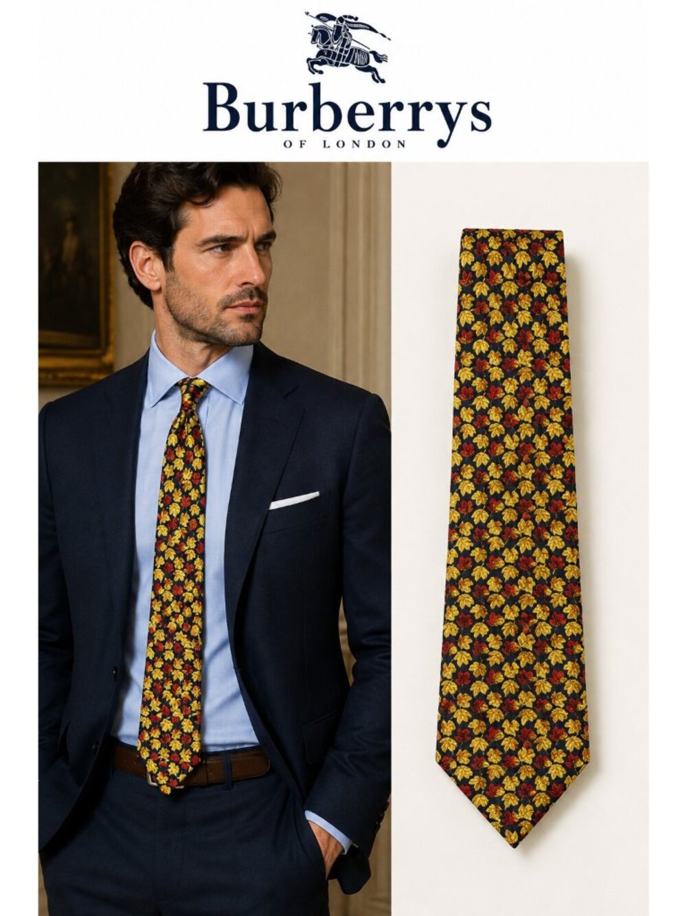 Vintage Burberrys of London 100% Silk Tie Black Red Gold Leaf Print England